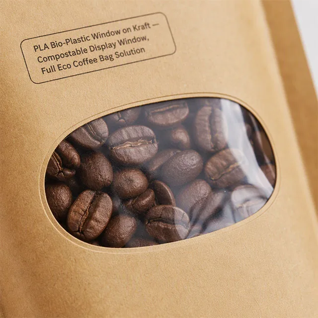 Eco-Friendly Kraft Paper Coffee Bag with PLA Bio-Plastic Viewing Window and Tin-Tie Reusable Paper Closure