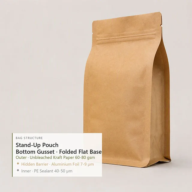 Eco-Friendly Kraft Paper Composite Stand-up Pouch with Natural Unbleached Fiber Exterior and Hidden Aluminum Barrier