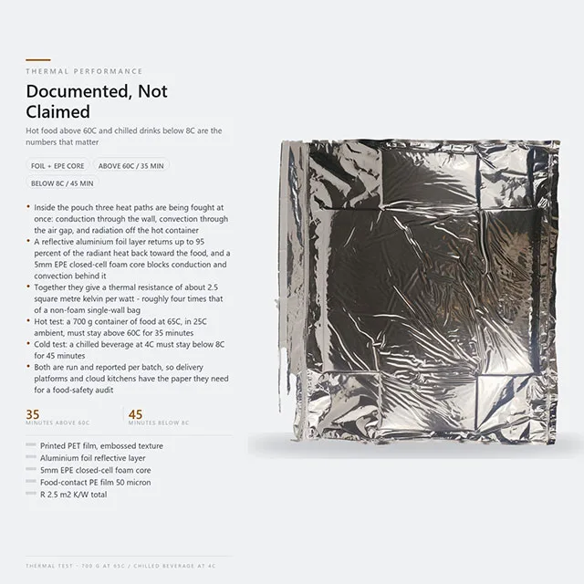 Insulated Food Delivery Foil Pouch with Radiant-Reflective Aluminum Layer and Ergonomic Carry Handle for 30-Minute Meal Delivery Windows