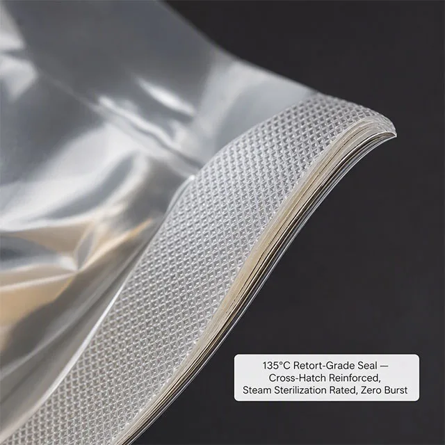 Industrial High-Temperature Retort Pouch with Cross-Hatched Reinforced Seal Architecture and Anti-Block Matte Overprint for 135°C Steam Sterilization