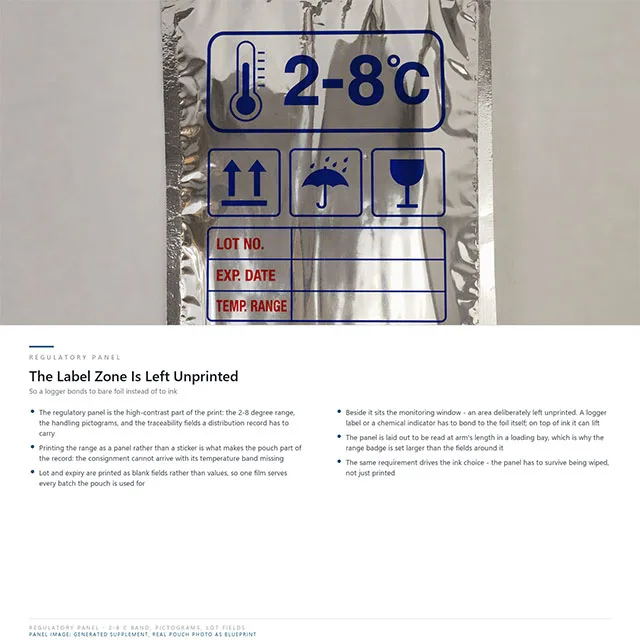 Pharmaceutical Thermal Delivery Pouch with Phase-Change Gel Pack Compatibility and Temperature-Monitoring Label Zone for 2-8°C Vaccine and Insulin Distribution