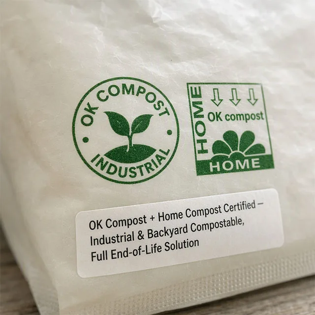 Fully Compostable Packaging Bag with OK Compost Industrial and Home Certified Multi-Layer Bio-Polymer Film Structure