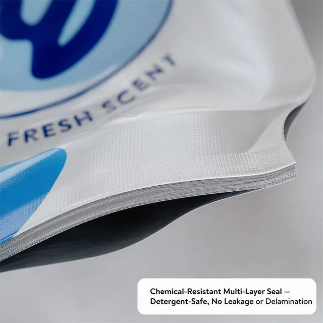 Industrial Household Chemical Refill Pouch with Chemical-Resistant Inner Layer and Child-Resistant Spout Cap for Detergents and Cleaners