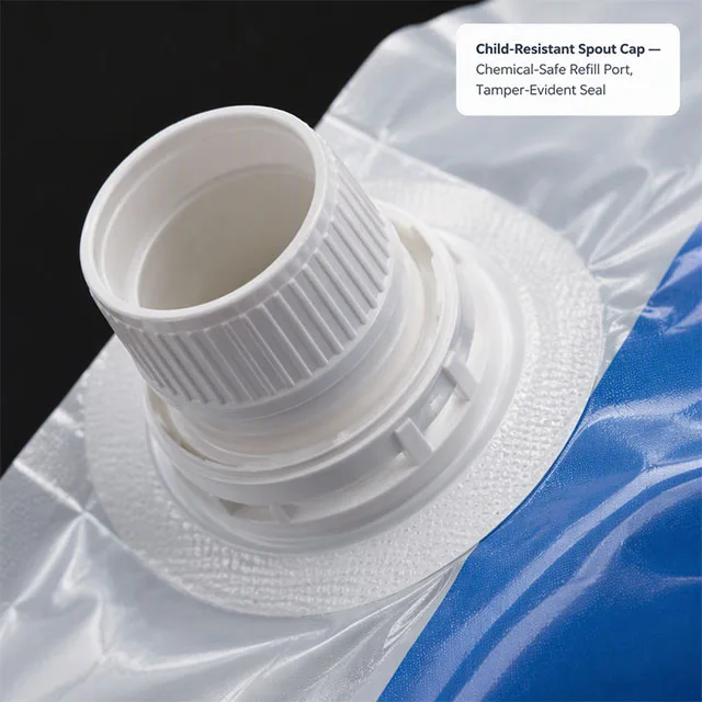Industrial Household Chemical Refill Pouch with Chemical-Resistant Inner Layer and Child-Resistant Spout Cap for Detergents and Cleaners