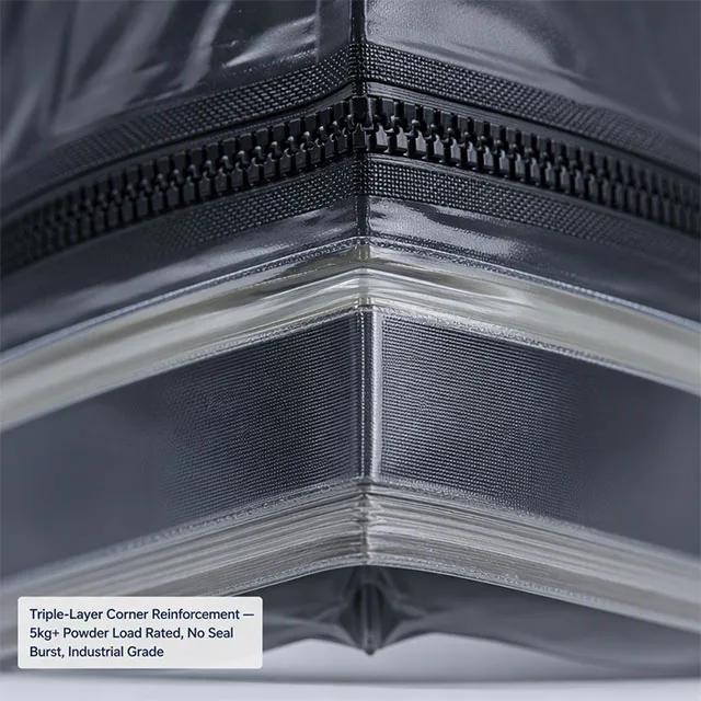 Industrial Heavy-Duty Bulk Powder Packaging Bag with Triple-Layer Reinforced Corner Seal and Woven-Texture Anti-Static Exterior for 25kg Chemical and Mineral Powders