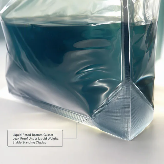 Liquid Beverage Stand-up Pouch with Gusseted Leak-Proof Base and Tamper-Evident Spout Cap for Juice and Drinks