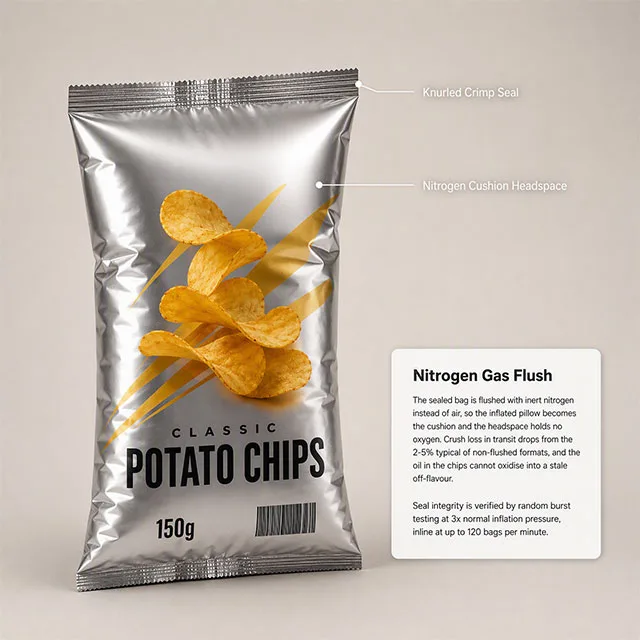 Snack Potato Chip Bag with Gas-Flushed Crush Protection