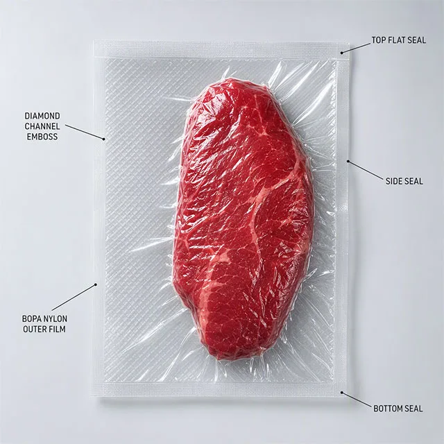 Frozen Meat Vacuum Bag with Diamond-Emboss Nylon Composite and Oleophobic Deep-Freeze Rated Inner Coating